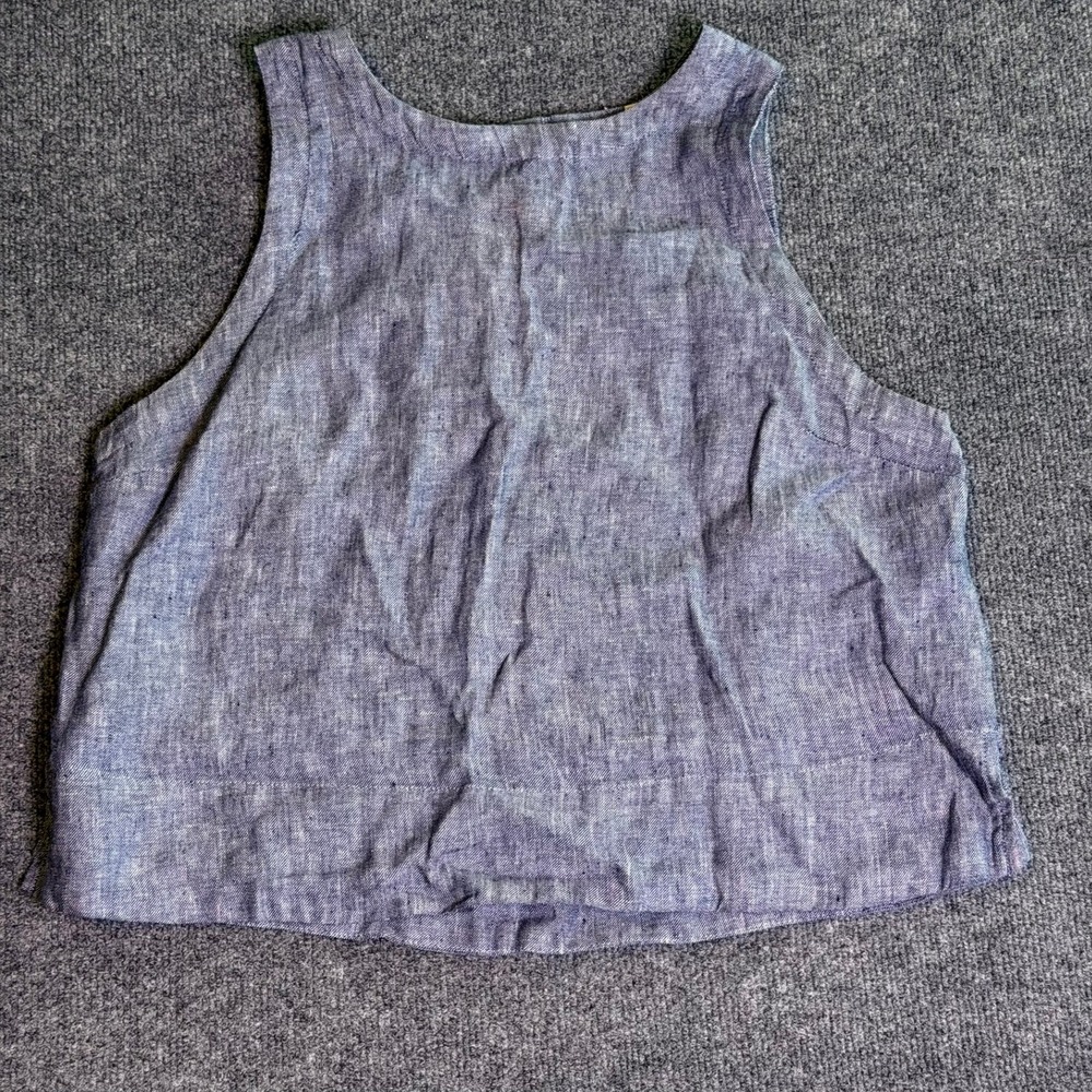 Sigrid Olsen Blue Linen Sleeveless Crop Tank Top Button Back Medium